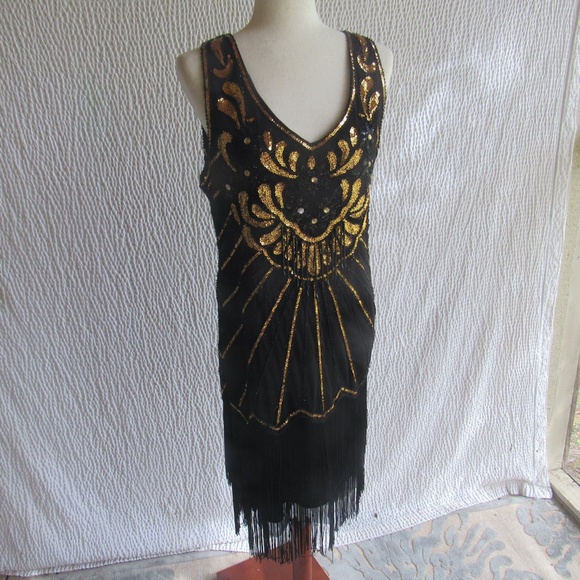 Fun Sequin Costume Dress Gold Black Fabric Custom Not cheap M L - Picture 13 of 15